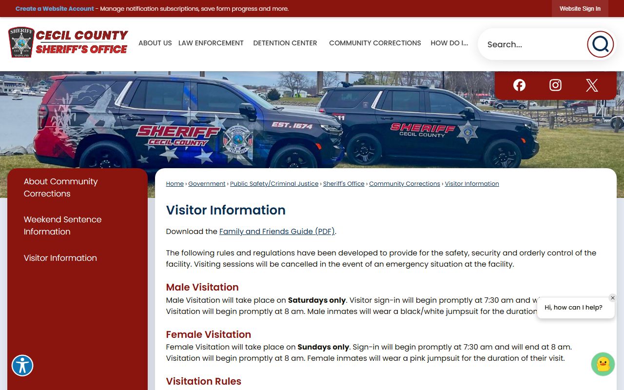 Cecil County Community Corrections Center inmate visitation schedule