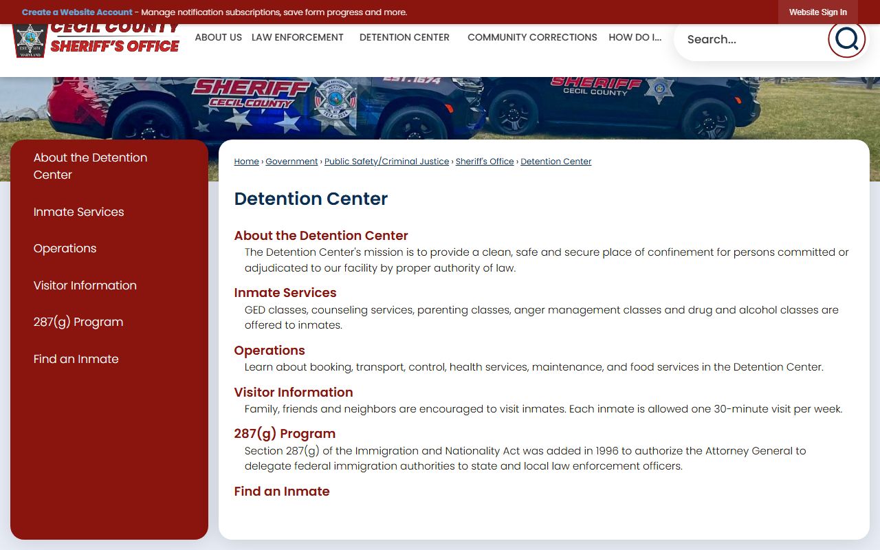 Cecil County inmate records detention center hub with VINELink access
