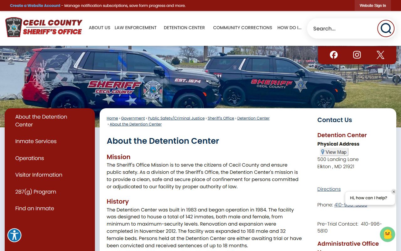 Cecil County inmate population detention center capacity overview