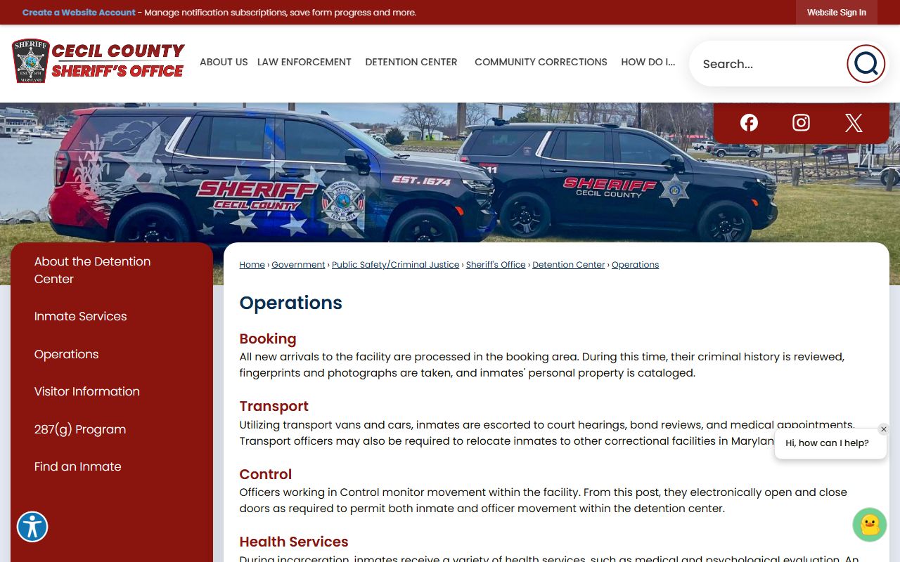 Cecil County Detention Center inmate booking and operations information