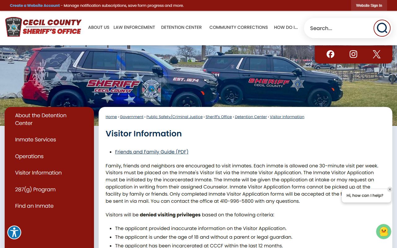 Cecil County inmate records visitation schedule and jail visitor rules