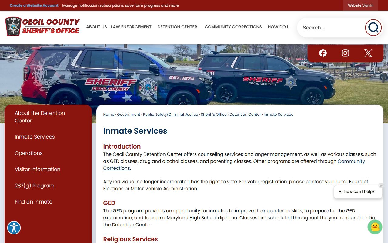 Cecil County inmate population services and commissary program information
