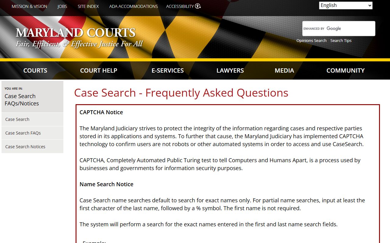 Cecil County court records after jail arrest Case Search FAQ fields