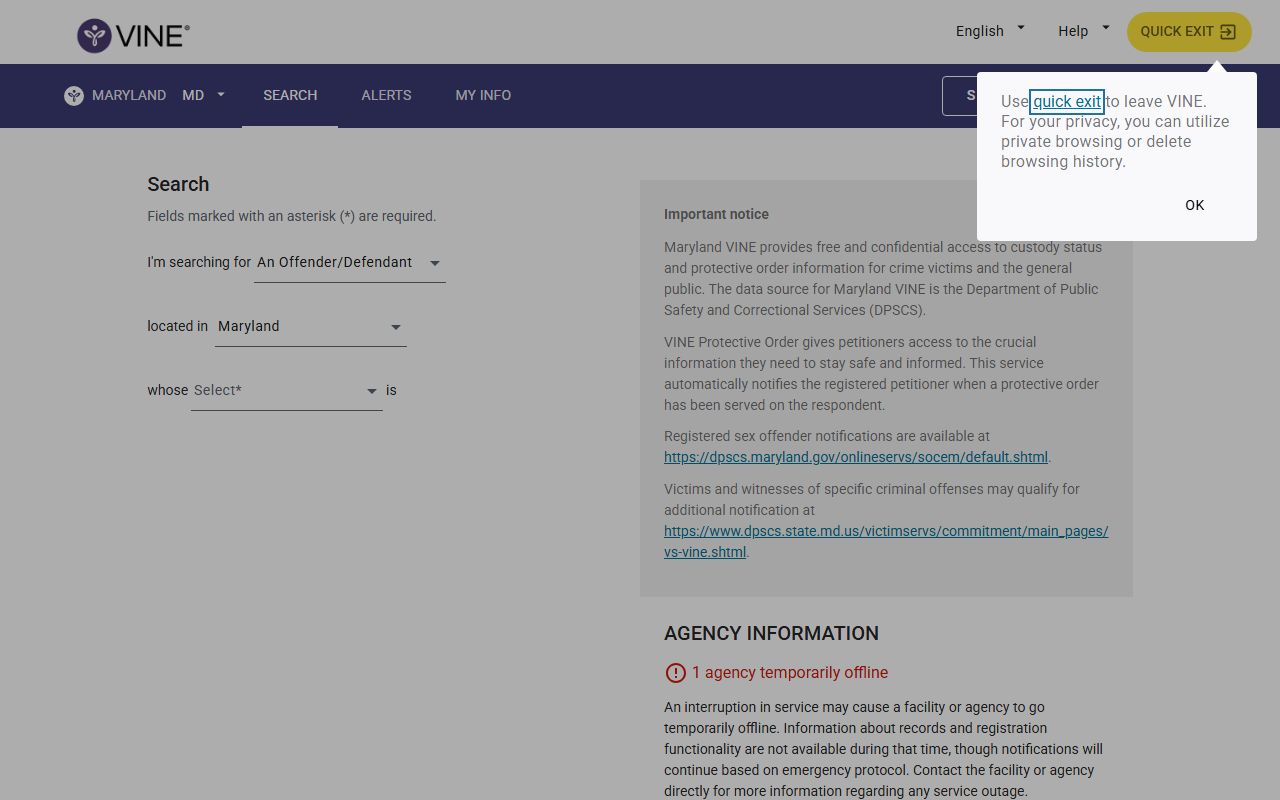 Cecil County inmate population search through Maryland VINELink person lookup