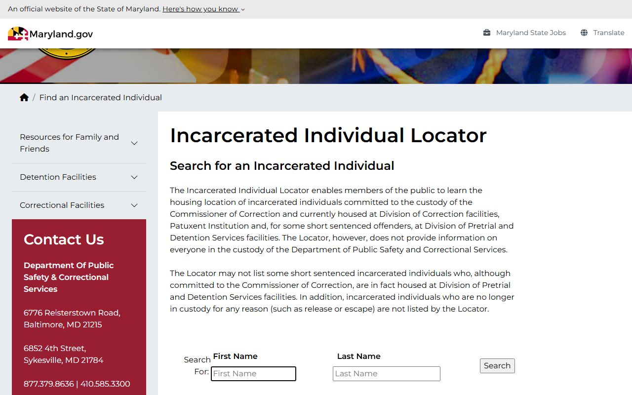 Maryland DPSCS locator for sentenced Cecil County inmate records